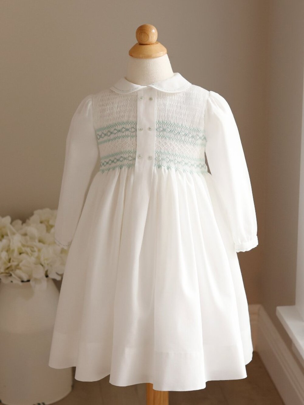 White Long Sleeve Smocked Dress Aqua Blue Hand Embroidery Sarah Louise LIKE NEW